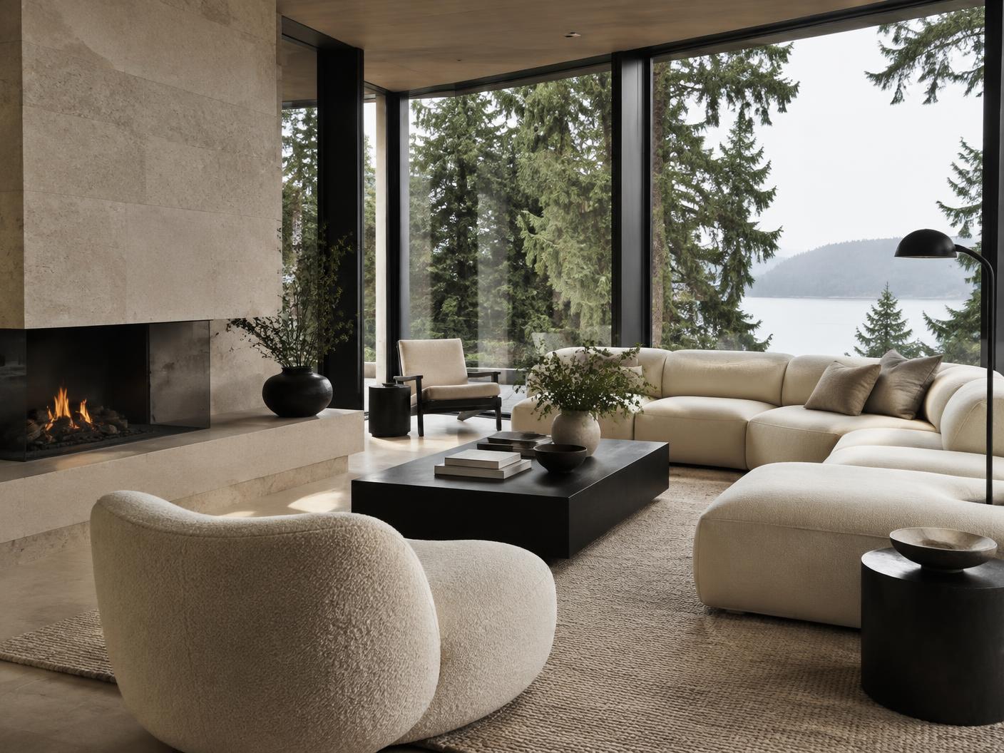 Sunlit living room with soft furnishings