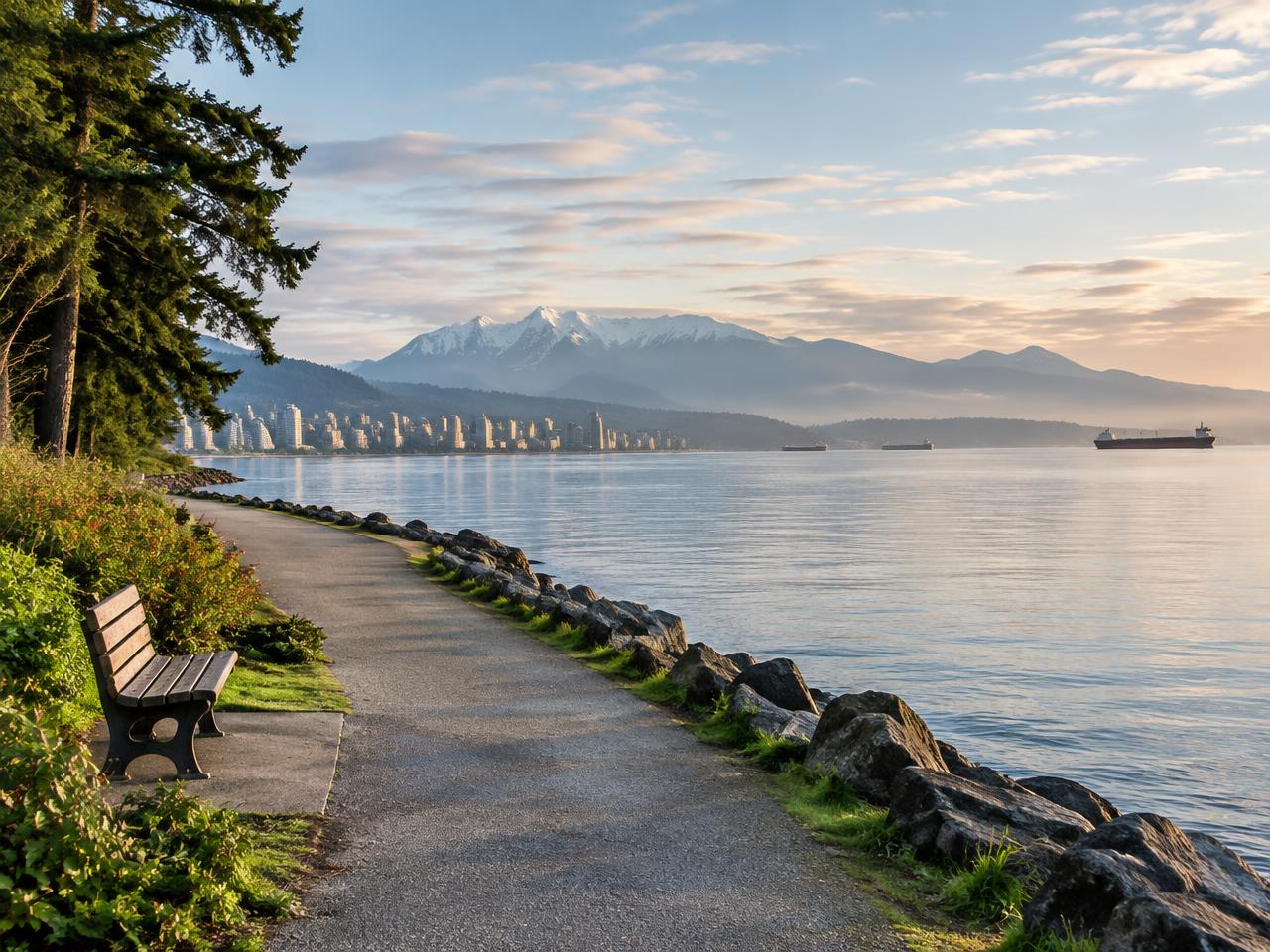 Seaside walking path with mountains beyond
