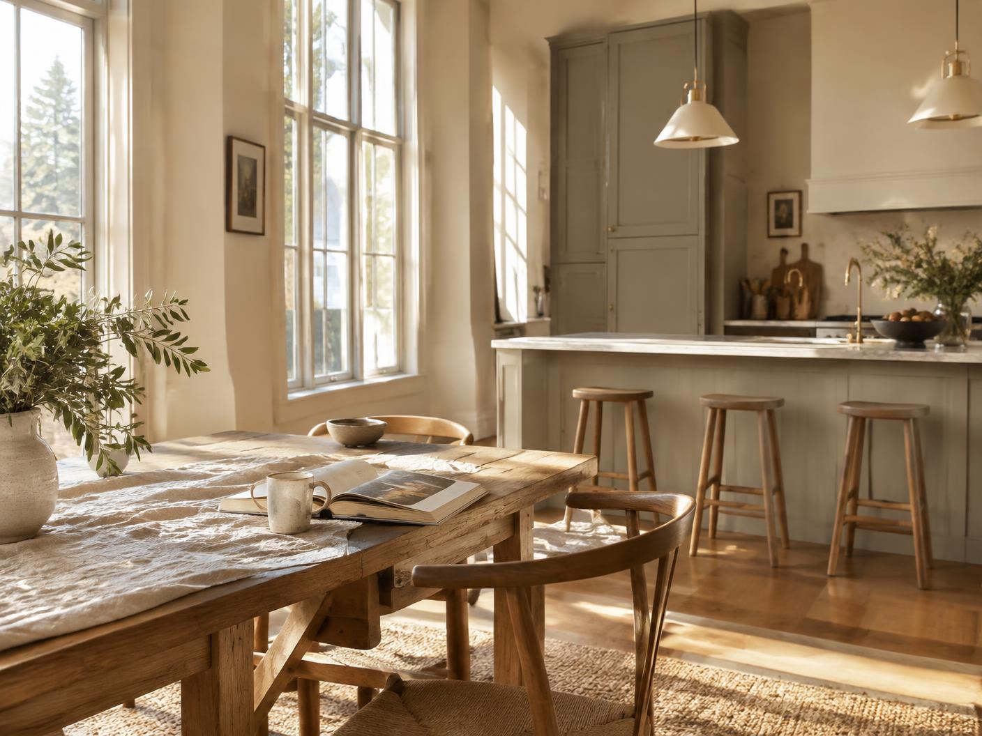 Kitchen and dining table in morning light
