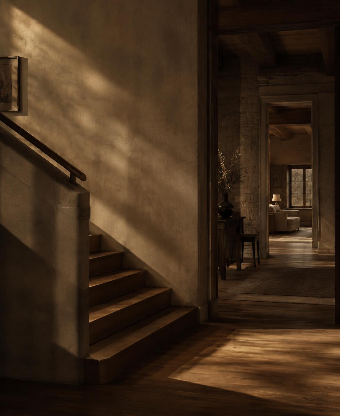 Light falling across a staircase into connected rooms