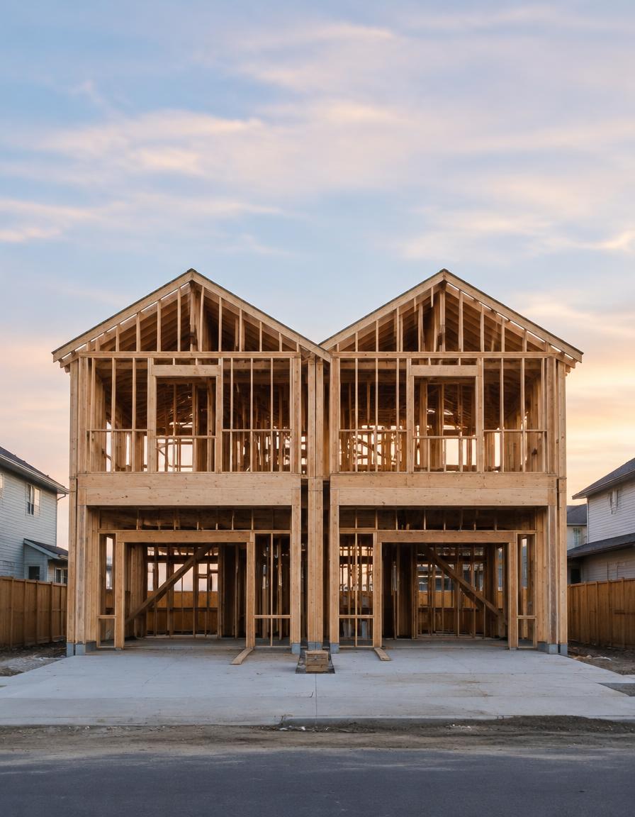 Timber-framed duplex under construction