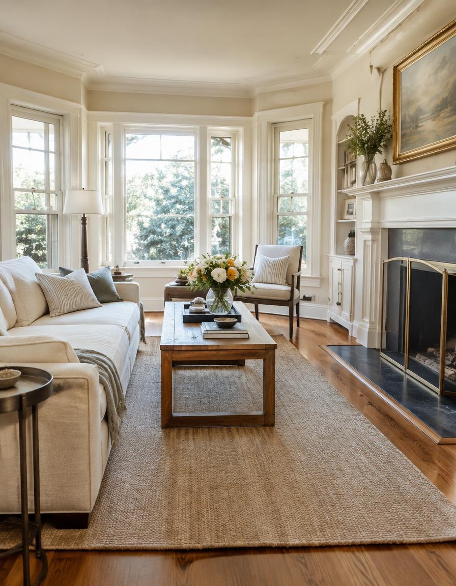 Carefully presented living room with fireplace