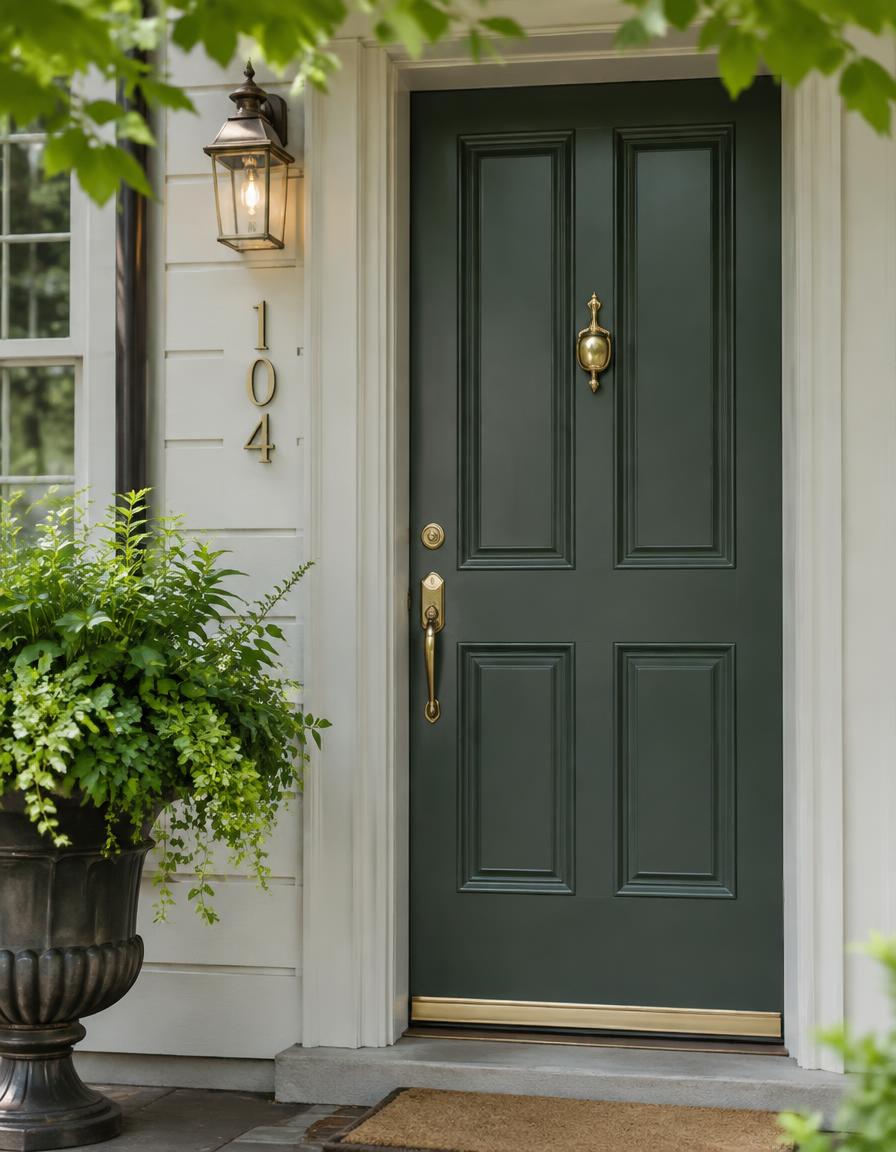 Painted front door with brass hardware